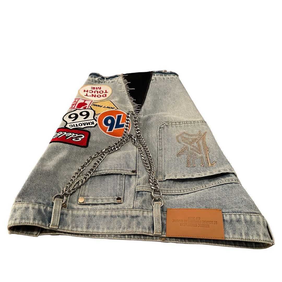 Hip-hop style street retro embroidered patchwork denim shorts, loose metal decoration, new spring and summer styles for both men and women