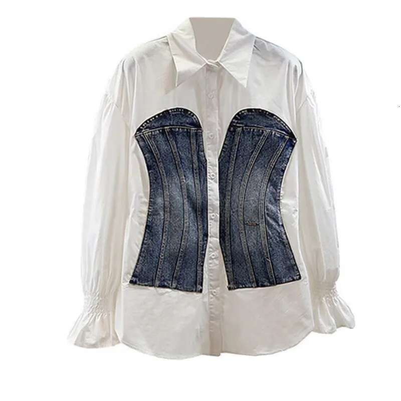 DEAT Fashion Women's Denim Patchwork Long Sleeves Blouse Waisted Single-Breasted Shirts Female Spring New Arrival 33A2149
