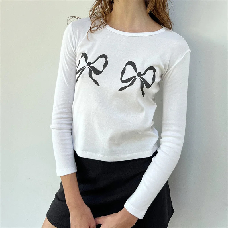 Xingqing y2k crop top 2000s womens graphic cherry/cake print round neck long sleeved T-shirt aesthetic clothing white streetwear 250410