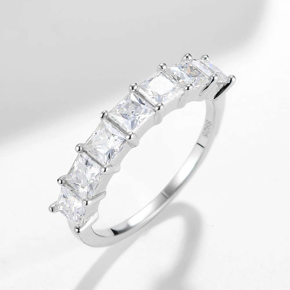 3.5mm Princess Cut Moissanite Diamond Ring for Women Square Shape Half Eternity Band 925 Sterling Silver Bridal Wedding Ring