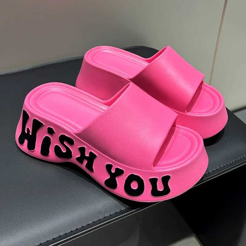 Summer 2025 Letter Print Thick Bottom Cloud Slippers for Womens Fashion Short and Fat Platform Sandals for Womens Anti Slip Wedge High Heels Beach Sli