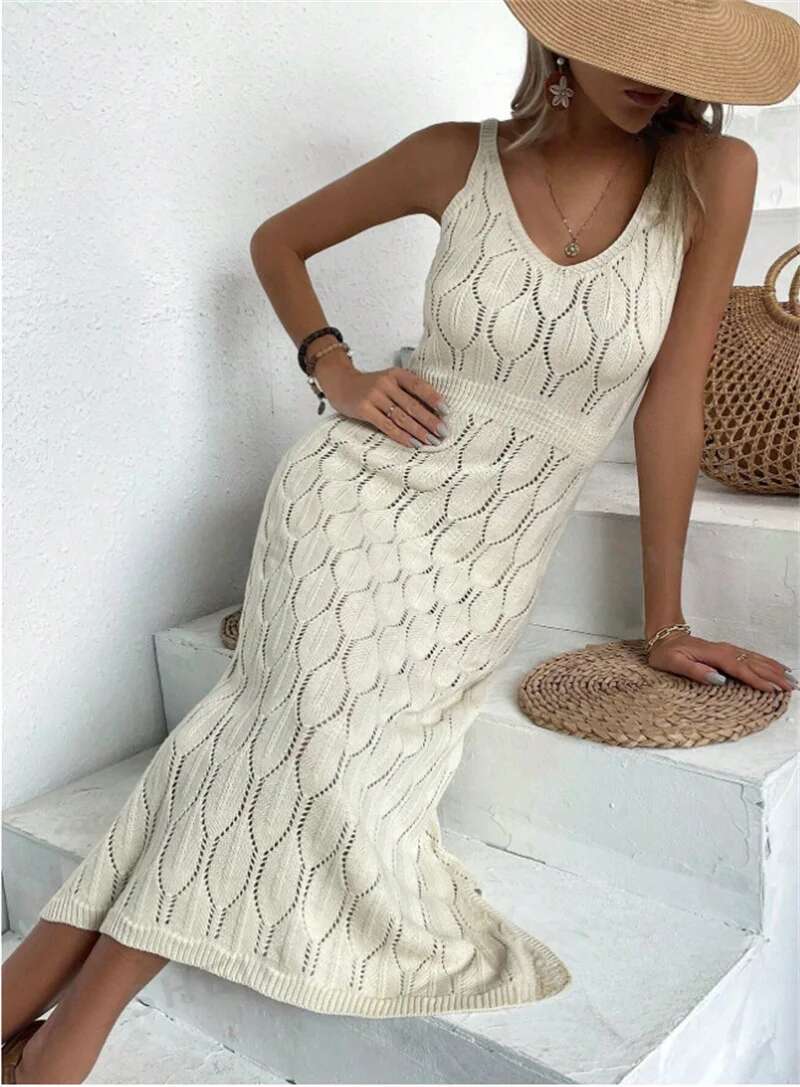 Designer womens dresses maxi dress summer new sexy hollow perspective vacation solid color backless knitted suspender