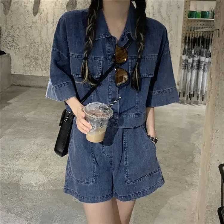 Summer Retro Denim Shorts Set Womens Fashion Reduced Collar Half Sve Shirt Top Casual Loose Shorts Two Piece SetXJ250414