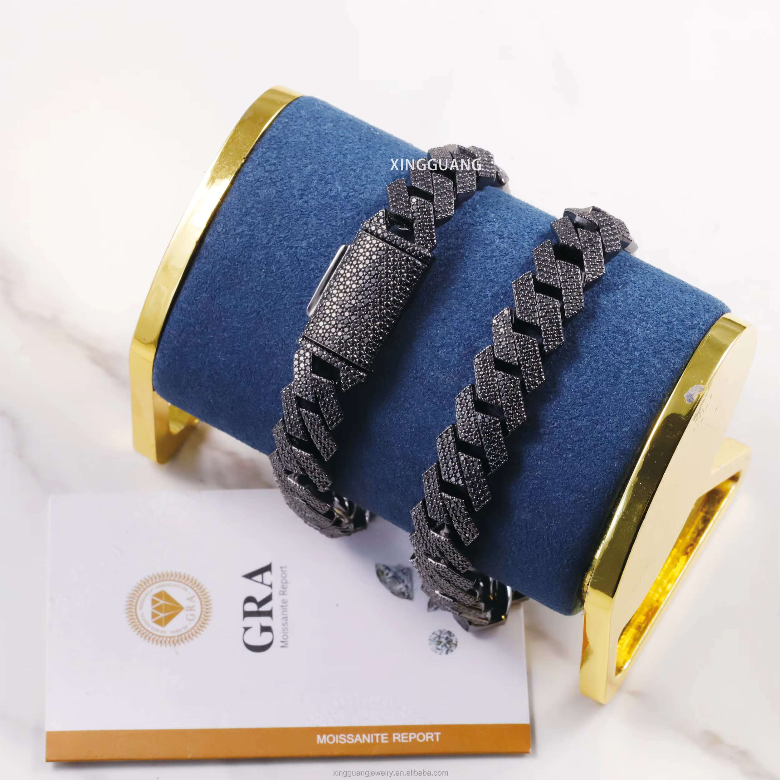 Mystic Black Diamond 15MM 3Rows Black Gold Plated 925 Silver Pass Diamond Test VVS Moissanite Cuban Link Chain Bracelet Jewelry