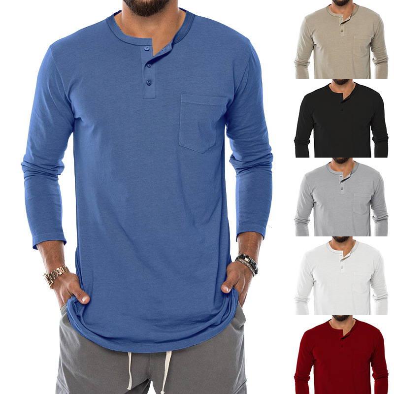 2025 new spring and autumn round neck men's T-shirt slim fit pullover casual long sleeved Henley shirt men