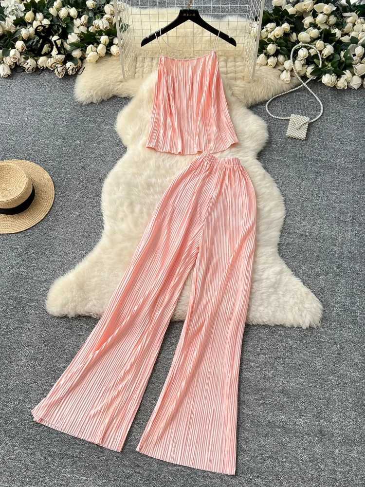 SINGREENY Womens Summer Casual Two Piece Set with Waist Belt Loose Top+Elastic Wide Leg Pants Bohemian Chic Folded Home ClothesXJ250414