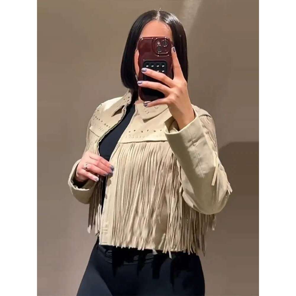 Tassel Suede Jacket Cardigan Coat Fringe Woven Retro Casual Lapel Collar Slim Fit Fashion Street Women Short Outwear Top Spring