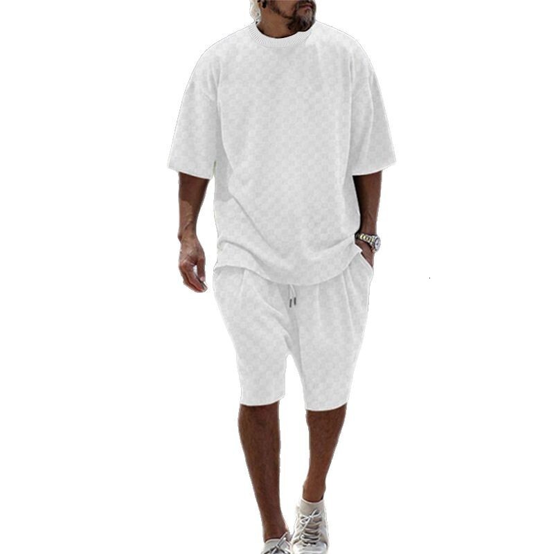 2025 Summer Towel Grid Jacquard Loose Large Straight Tube Casual Set for Sports Men's Wear