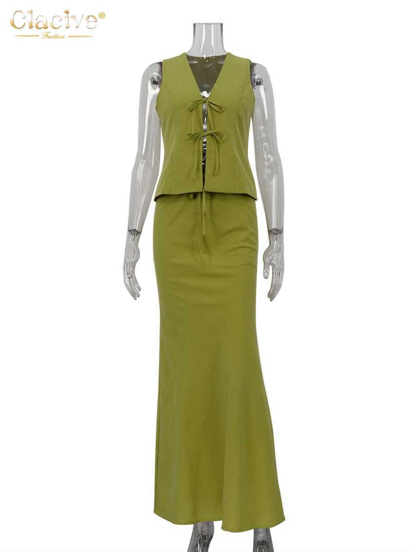 Clacive sexy ultra-thin green cotton 2-piece womens dress 2024 summer velvet free vest top mid waist long skirt set FeXJ250414