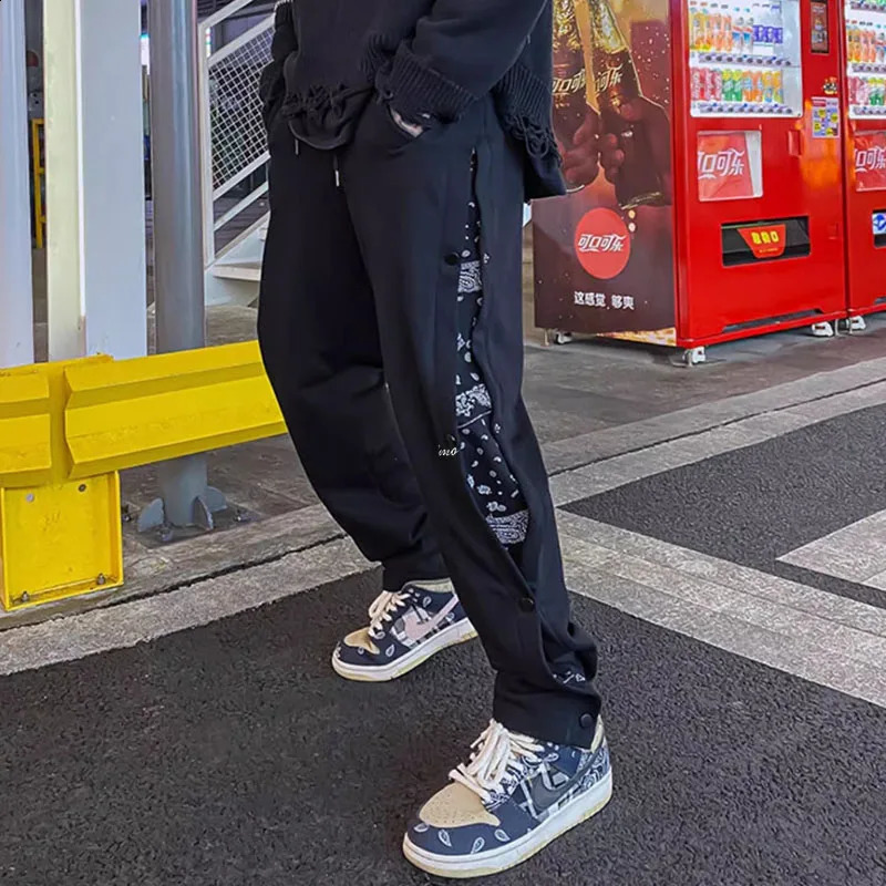 Breasted Pants Boys Fashion Straight Tube Trend Baggy Handsome High Street Hip Hop Wide Leg Open Hemp Flower Casual Sports 250411