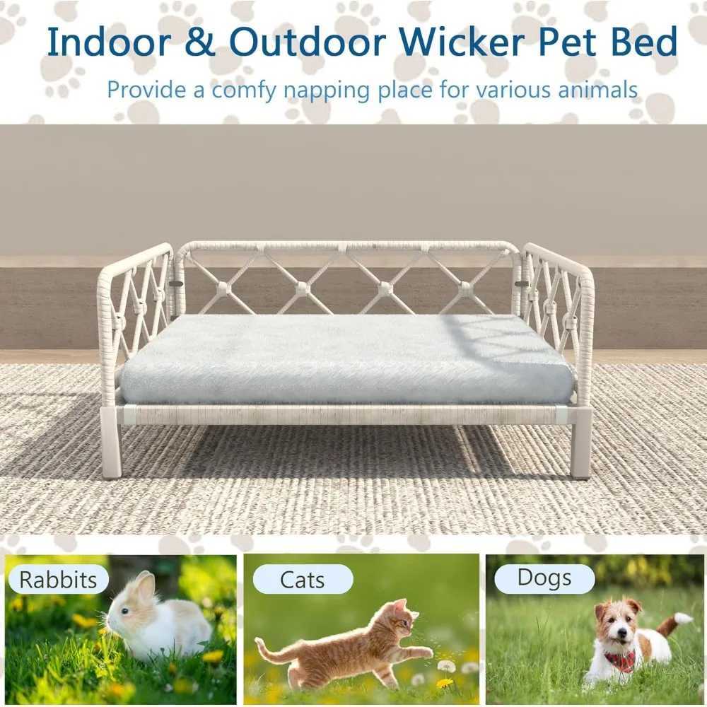 Er dog bed with 2-inch cushion Rattan dog sofa bed suitable for small and medium-sized dogs - indoor/outdoor metal frame pet bed up to 66lbs (gray mou