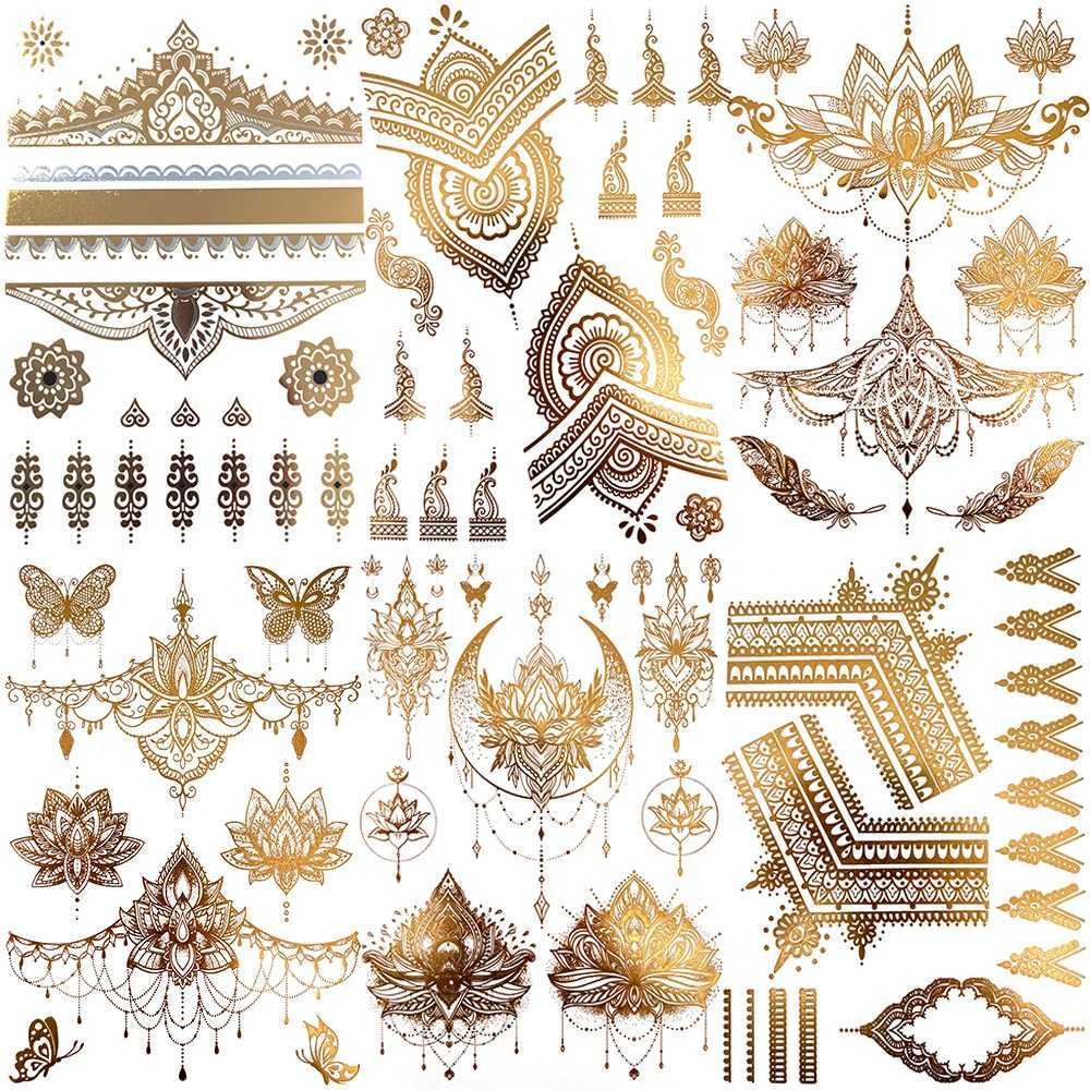 Real nail flower lace temporary tattoo suitable for female adults fake jewelry pendant moon tattoo sticker gold hand water transfer tattooXJ25414