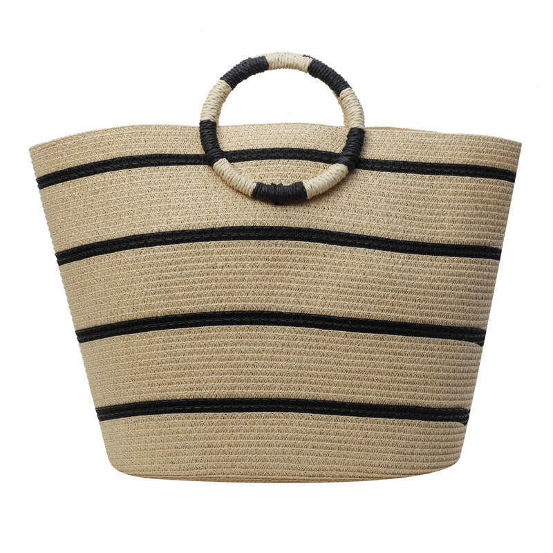 Handmade Beach Bag Circular Handheld Large Capacity New Striped Tote Grass Woven Seaside Vacation Beach Women's Bag Kq2