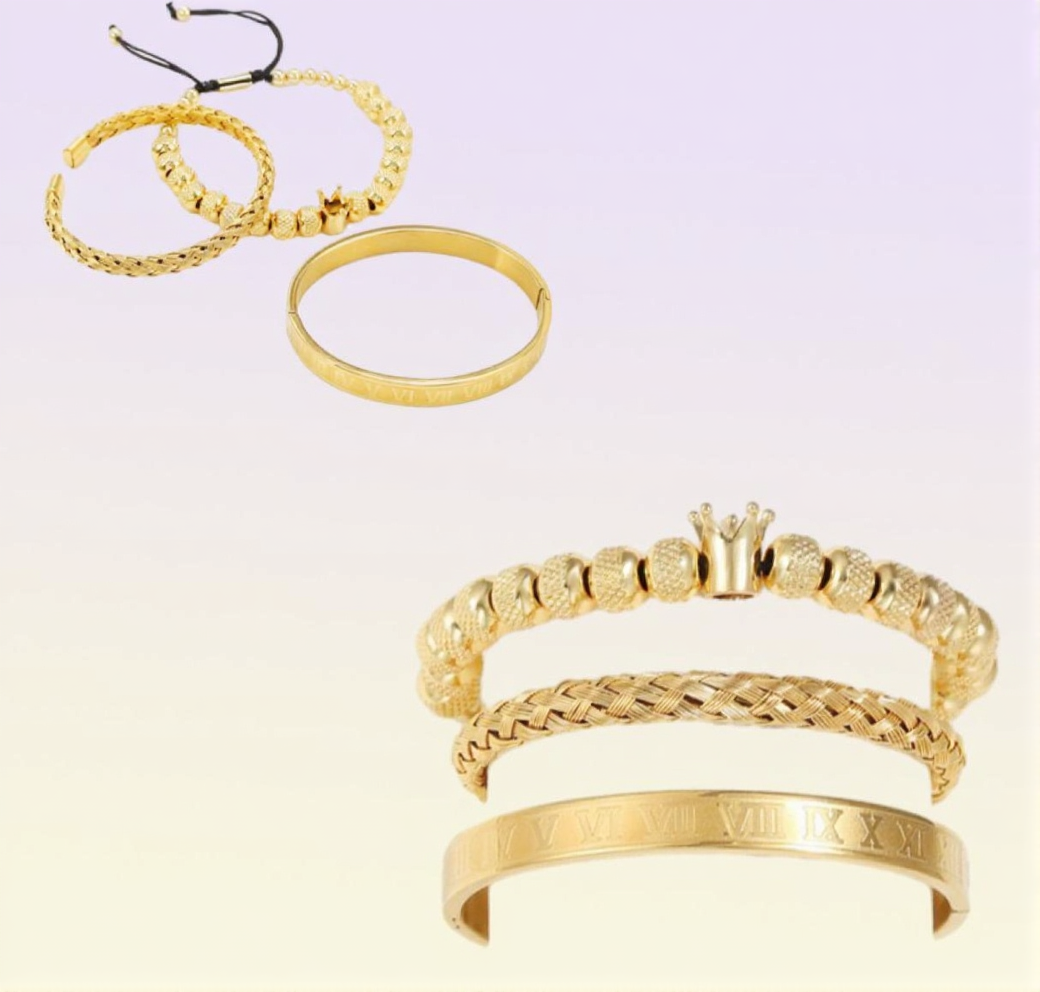 Bangle 3PcsSets Roman Royal Charm Men Bracelets Sets Stainless Steel Open Cuff Bangles Couple Handmade Braiding Bracelet Jewelry