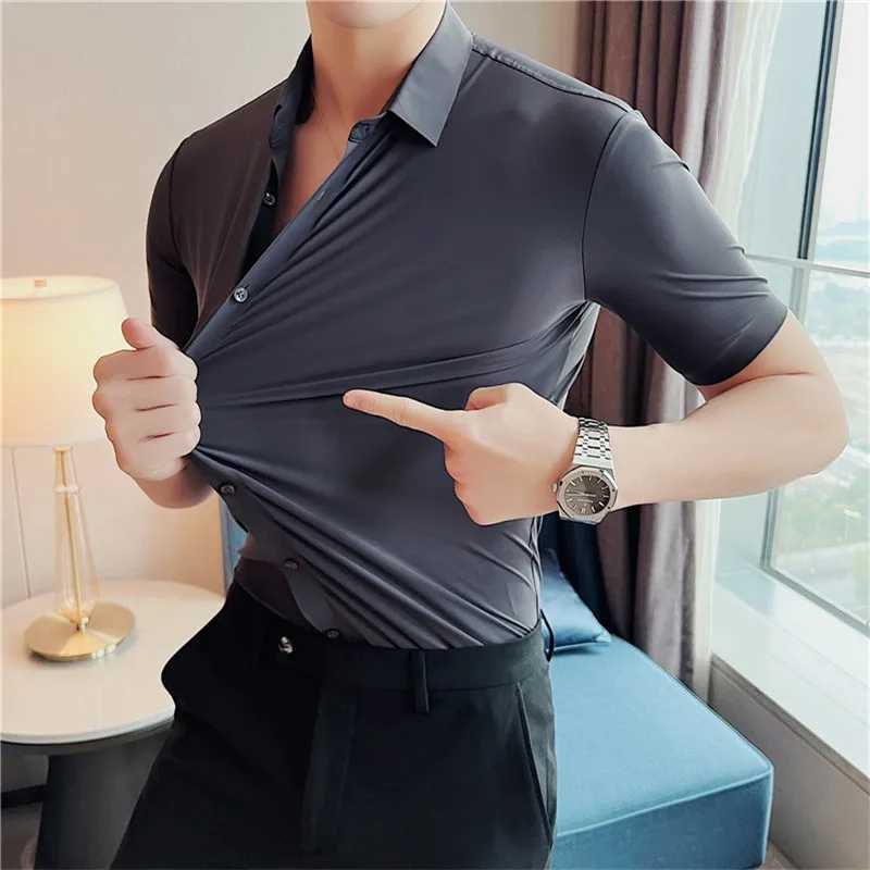 6-color high-quality new solid high elasticity seamless short sleeved mens slim fit casual business formal dress W250414