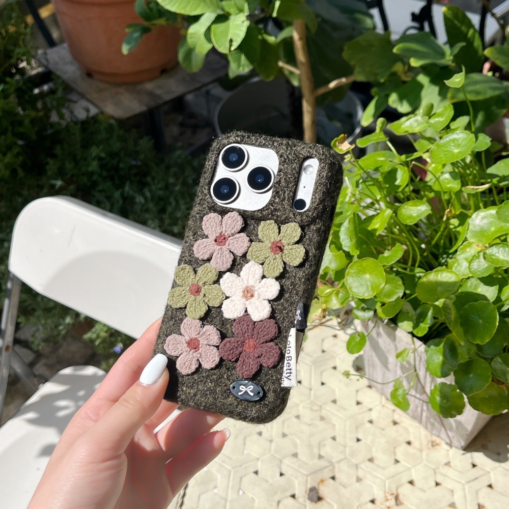 Plush Sticky Small Flower Phone Case Compatible with iPhone 17/16 Pro Niche Personalized Solid Color Case iPhone 15/14