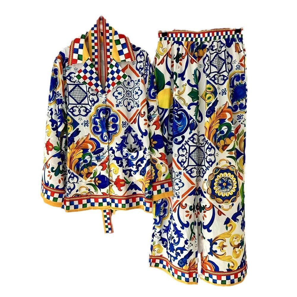 Womens geometric print loose sleepwear two-piece set autumn+elastic waist wide leg pants fashion set240730