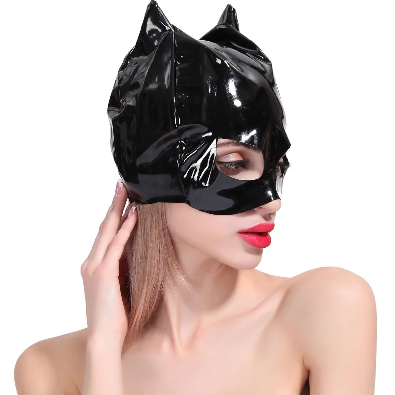 BDSM Adult Sex Toys Adult Bright PU Leather Cat Head Cover Black Harness Head Mask Bondage Restaint Roleplay Headgear for Women 250410