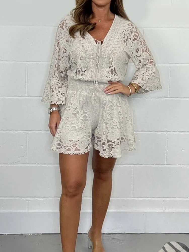 Womens two-piece sexy V-neck hollow lace top+shorts set summer Ele shirt set office womens clothing 2-pieceXJ250414