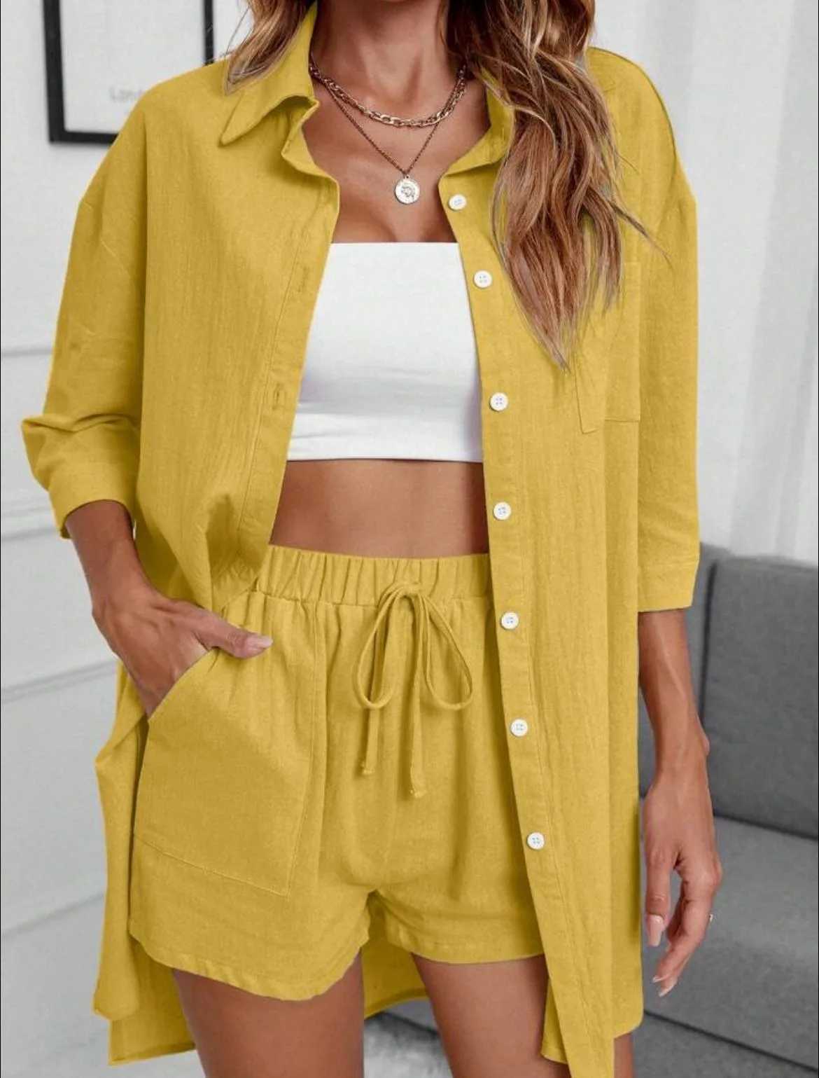 Womens solid color casual loose shorts set 2024 Ele spring and summer button top family clothing new two-piece set Fes setXJ250414