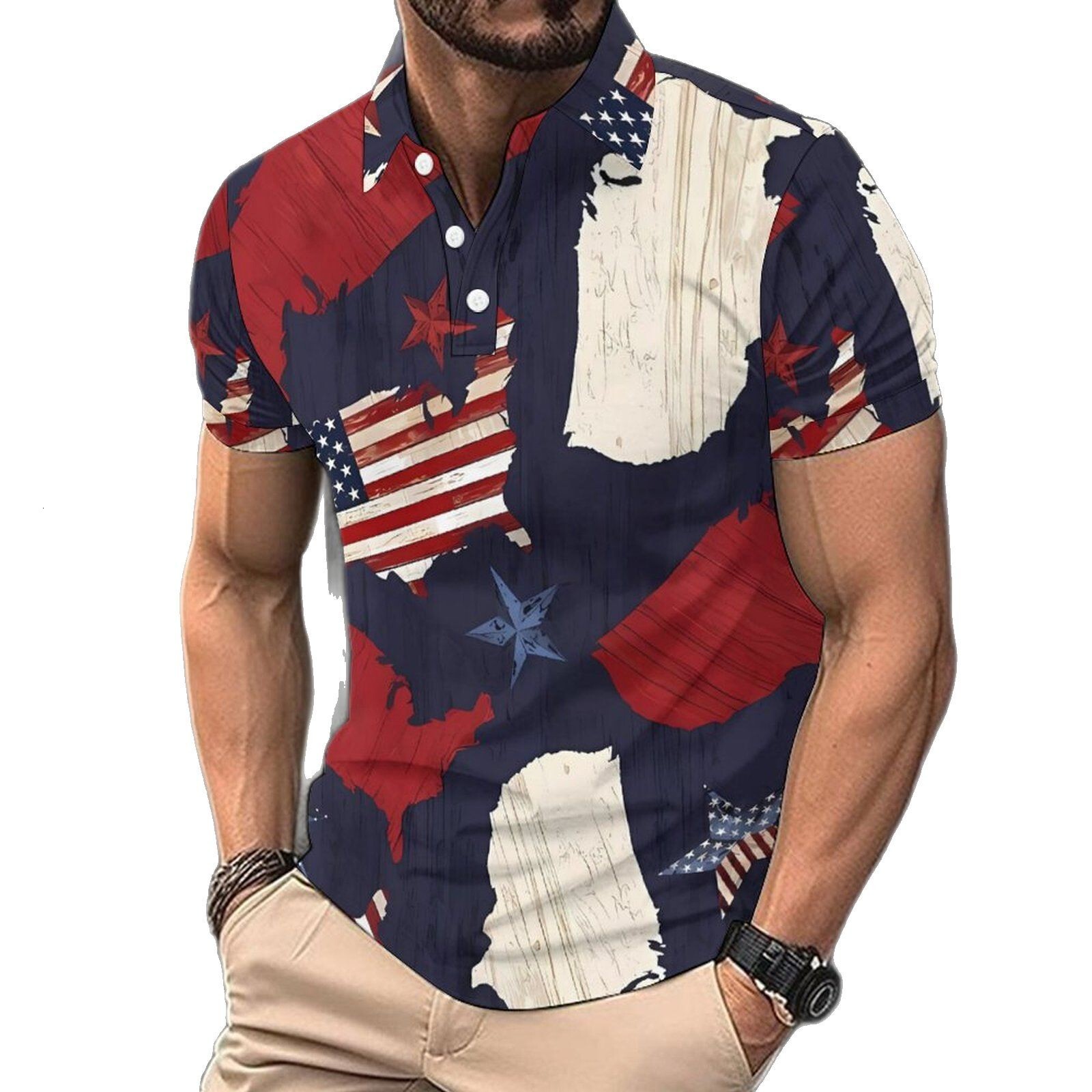 2025 summer collar digital printed polo shirt fashion casual men's American short sleeved T-shirt
