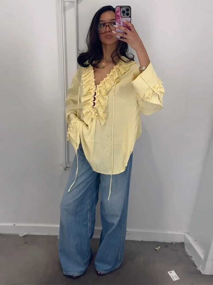 Ele shirt set womens fungal Drstring lace long shimmer Sve top elastic waist pleated ski suit fashionable vacationXJ250414