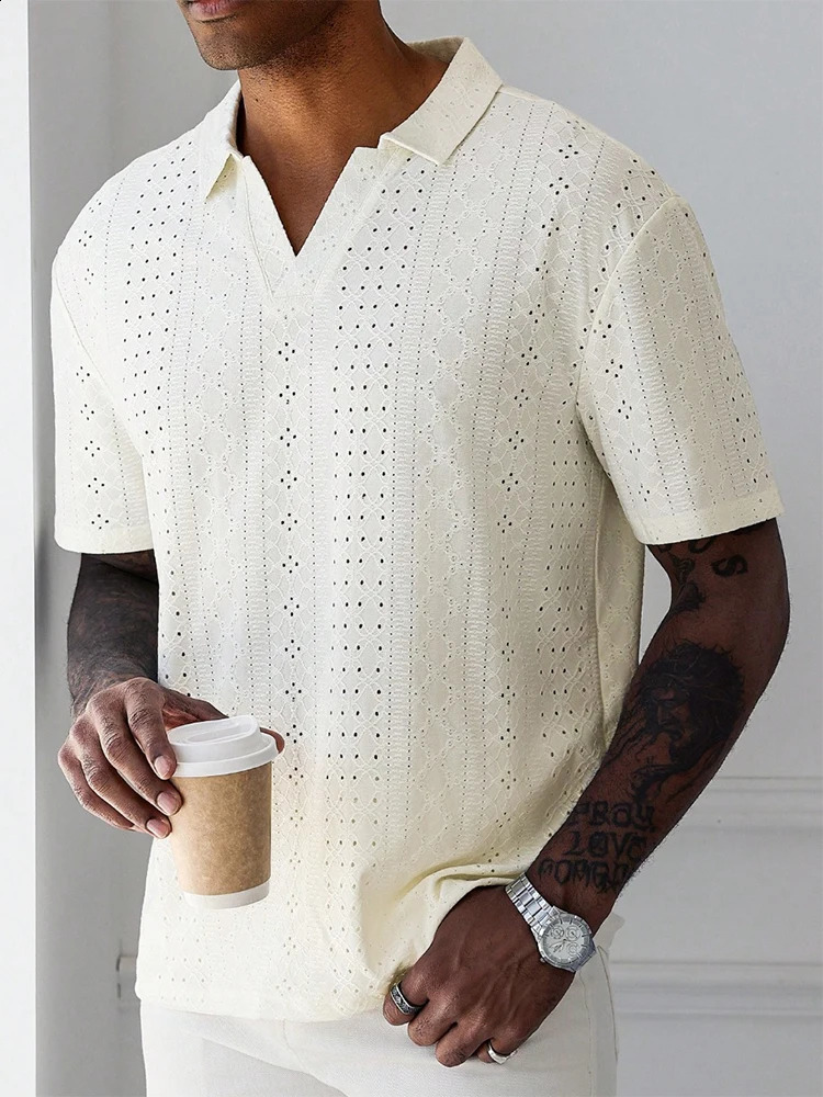 Leisure Breathable Hollow Out Tops Mens Knitted Short Sleeve Polo Collar Shirts For Men Summer Casual Pure Color Knit Polo Shirt 250411