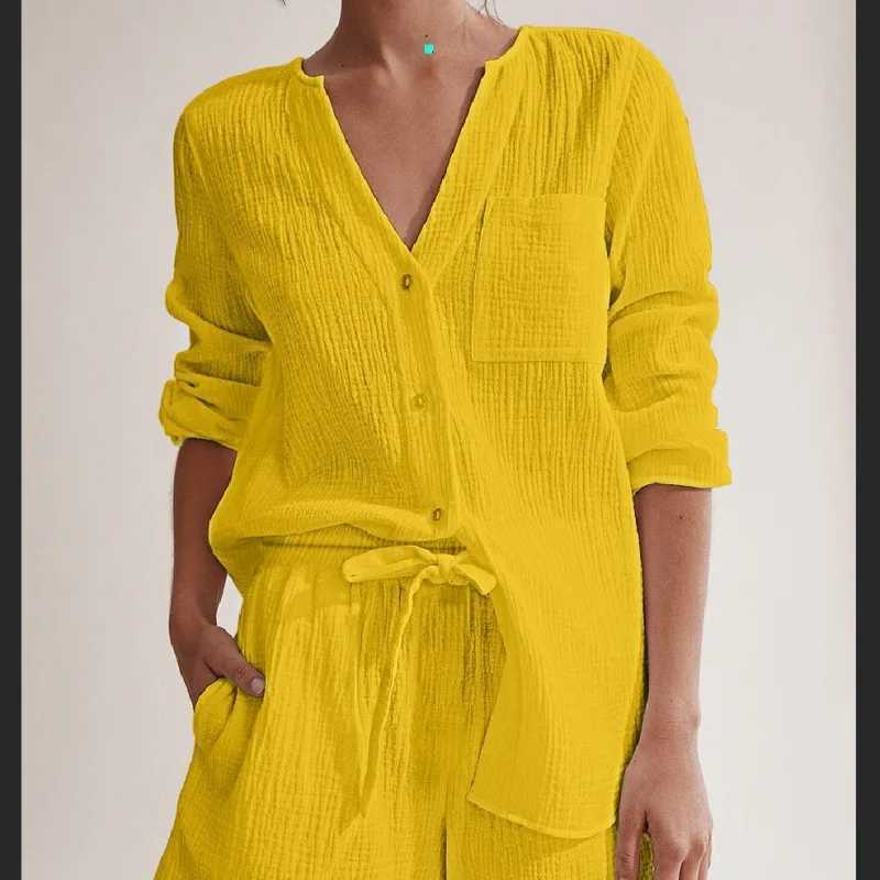 2024 New 100% Cotton Goz Womens 2-piece Button Long Sve Top+Shorts Set Ele SetXJ250414