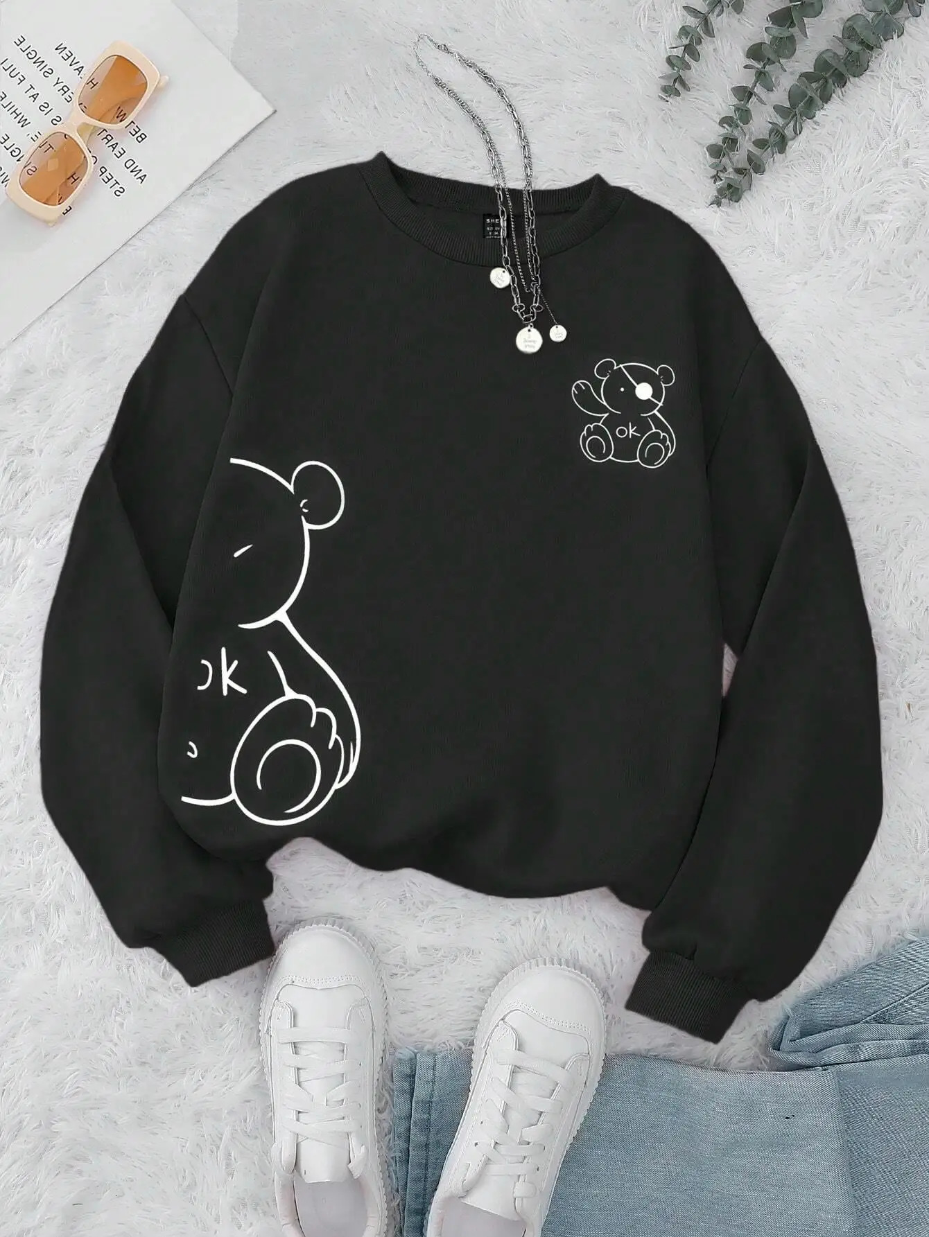 Kawaii OK Teddy Bear Printed Womens Classic Retro Fashion Hoodie Wool Warm Casual Clothing Loose Sweatshirt 250414