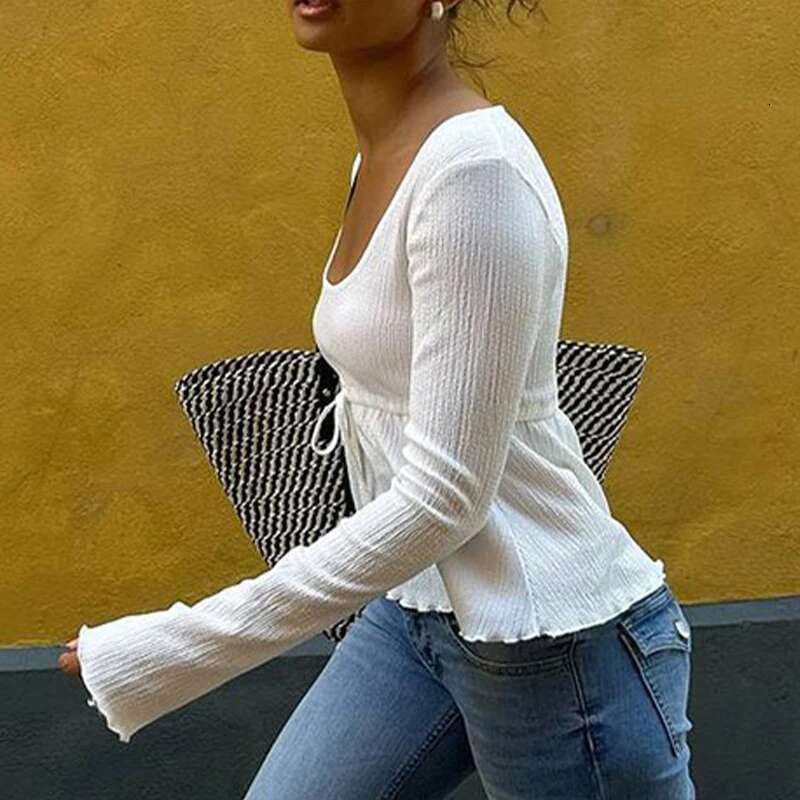 Autumn New Women Streetwear Sexy Sheer Solid Top Fashion Lace-up Long Sleeves Crop O-Neck Casual Slim Versatile T-shirt