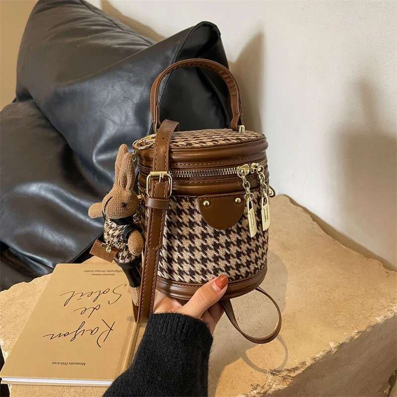 Bucket Plaid Woolen Fashion Designer Small Handbag Female Mini Crossbody Round Cyder One Shoulder Bag