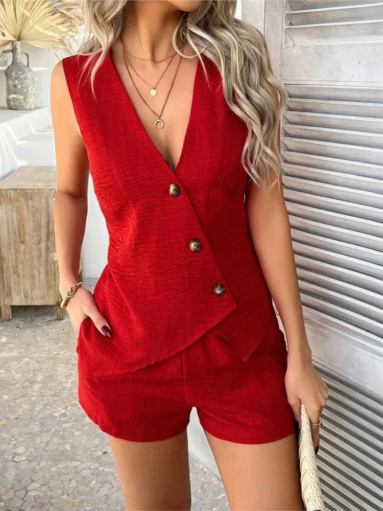 Spring and summer casual solid color vacation button open vest shorts set womens new fashion Ele casual 2-piece setXJ250414