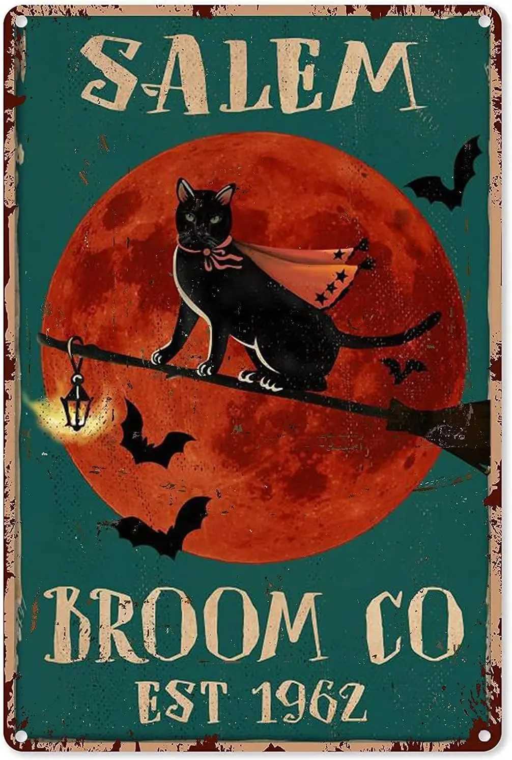 Metal Poster Plaque Witchy Art Prints Black Cat Witch Broom Vintage Tin Sign for Men WomenWall Decor BarsRestaurantsM251114