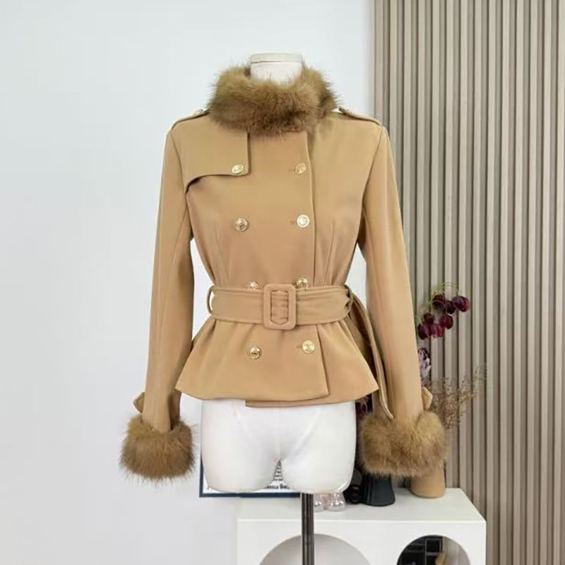 High quality 2025 autumn and winter new high-end fashion tie up waist cinching short fur collar jacket jacket