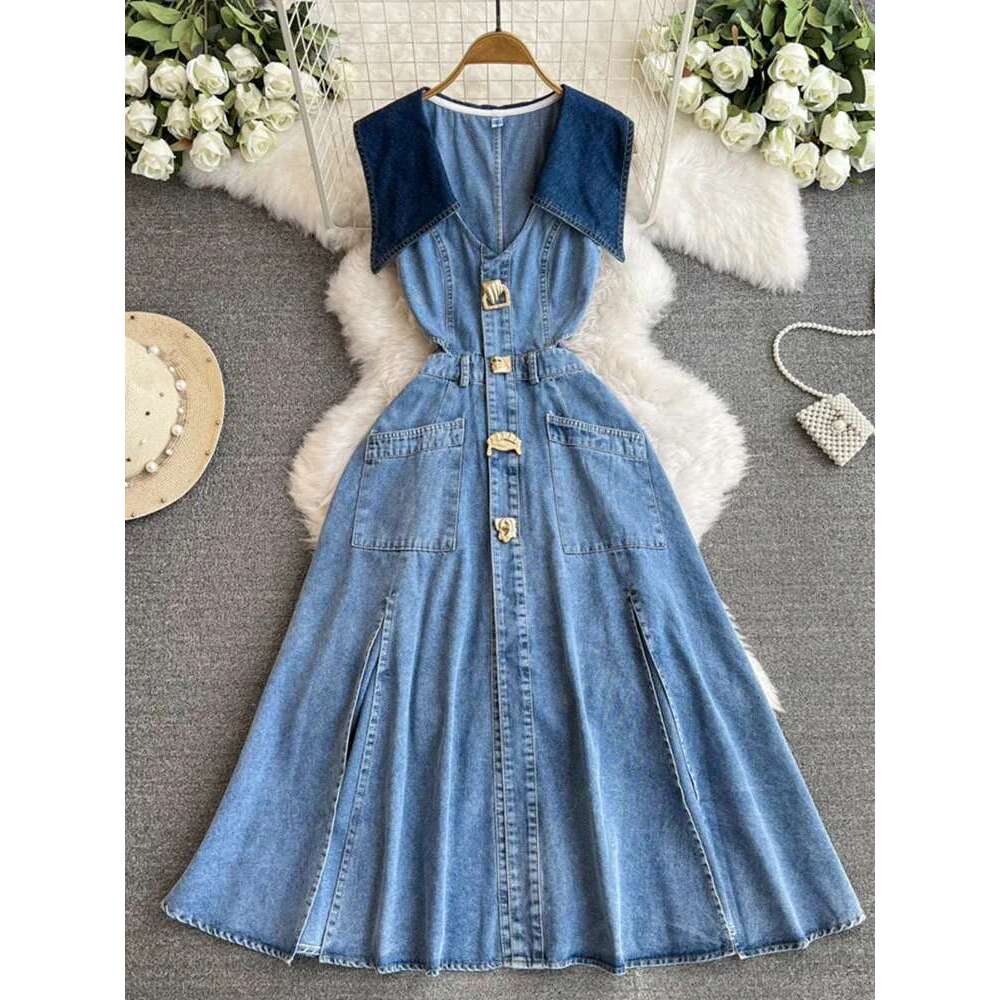 DEAT New Fashion Women's Patchwork Lapel Sleeveless Denim Dress 2024 Summer Trendy Single Breasted Split Dresses Female 33A1637