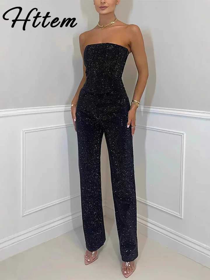 Sexy sequined denim vest and pants set for womens solid non velvet tube crop top high waisted zipper jeans 2025 fashion street womens party setXJ25041
