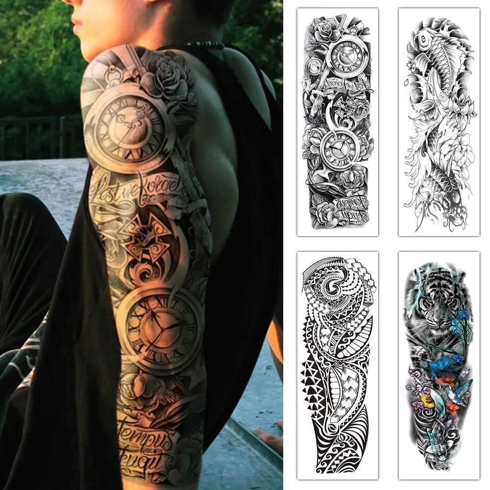 Watch Rose Full Sleeve Waterproof Temporary Tattoo Stickers Gothic Tiger Butterfly Car Fake Tattoo Body Art MenXJ25414