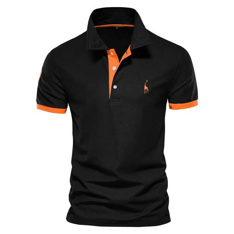 Mens fashion boutique cotton casual stand up collar long sleeved polo shirt mens solid color V-neck polo shirt W250414