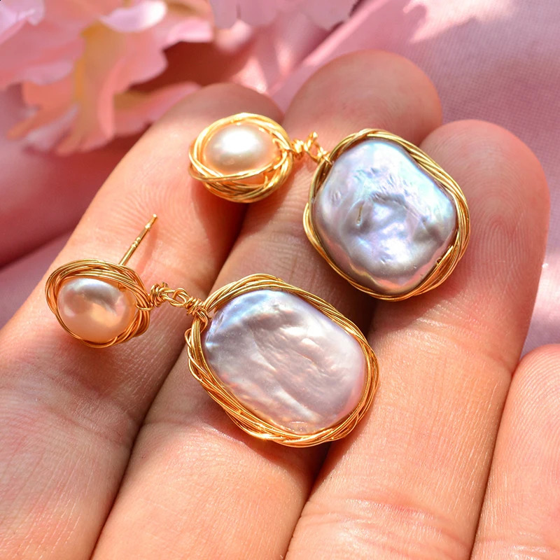 100% natural Baroque freshwater pearl 14K gold filled womens tassel stud earrings jewelry 250409