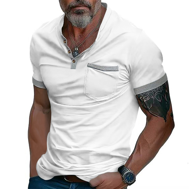 Polo shirt summer top 2025 solid color stand up collar pocket men's T-shirt