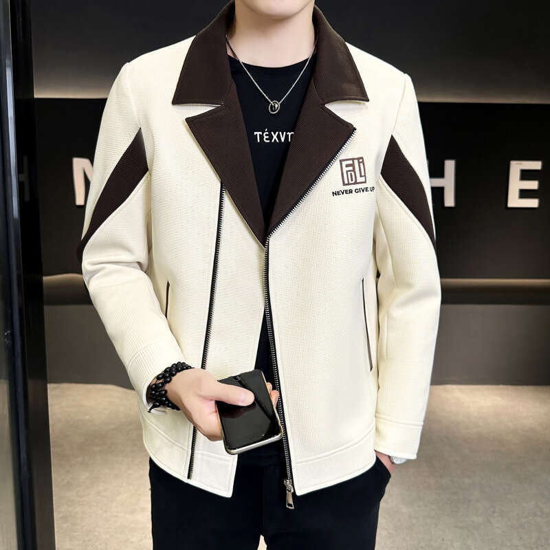 Autumn Winter Corduroy Jacket Men Korean Version Slim Fit Color Block Suit Collar High-End Handsome Short Trench Coat