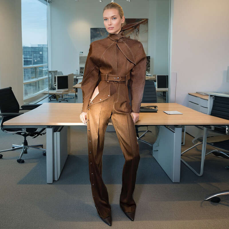 Designer Chic Women's Coordinate Outfit - Laced Short Jacket & Classic Fit Straight Pant Combo