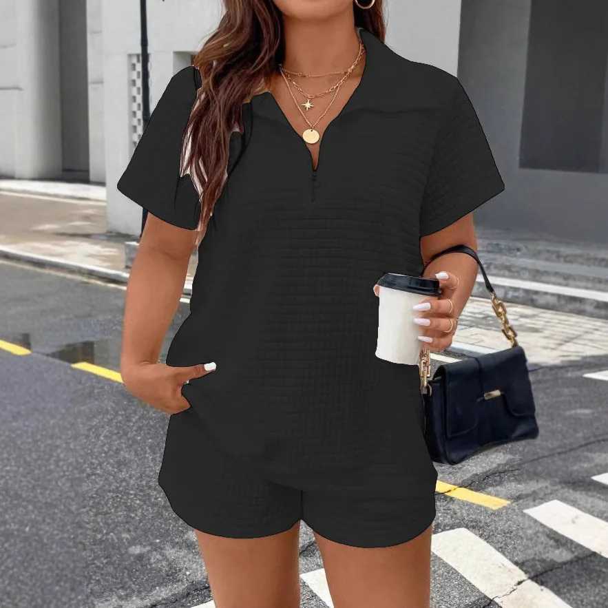 Womens summer white short Sve 2-piece fashionable zipper T-shirt top+shorts casual home two-piece set womens sportswearXJ250414
