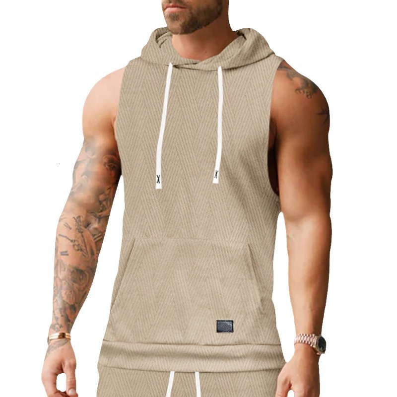 2025 men's casual European size summer jacquard knitted hooded sweatshirt sleeveless T-shirt patch pocket drawstring vest