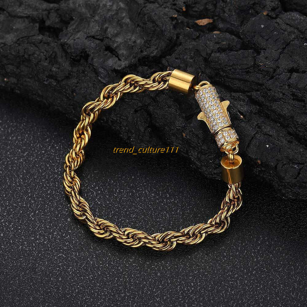 6mm dia inlaid stainless titanium steel jewelry Fried Dough Twists chain gold men's bracelet accessories