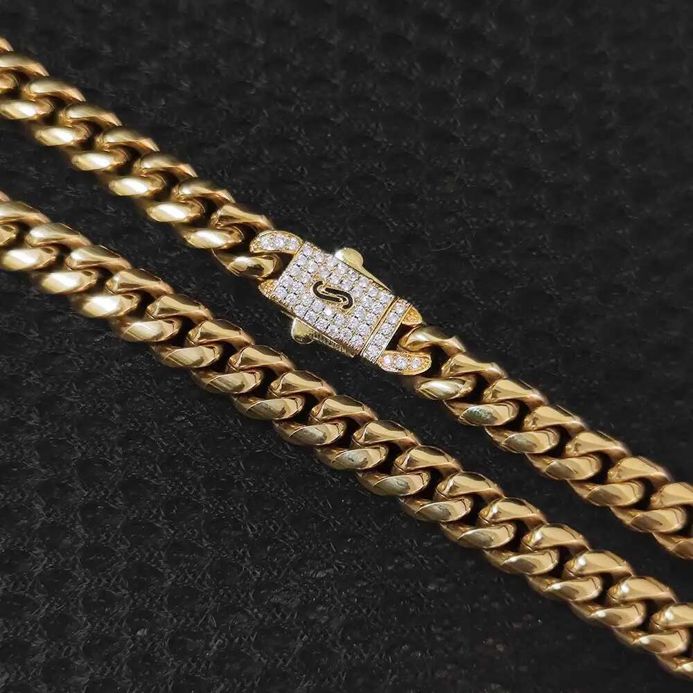 Hip Hop Jewelry 8MM Miami Cuban Link Chain with Diamond Clasp 18k Gold Plated Stainless Steel Cuban Chain Necklace