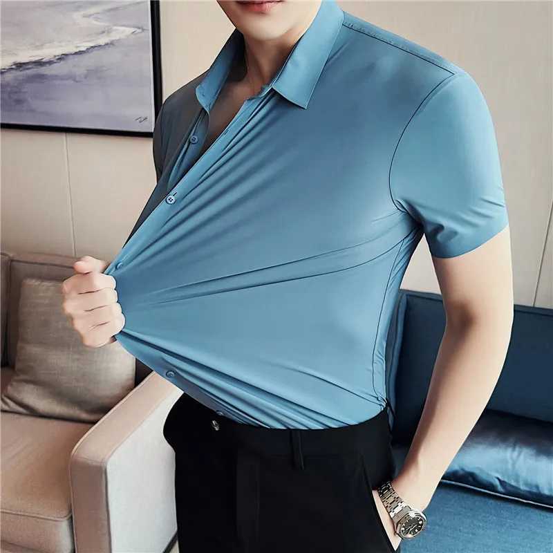 6-color high-quality new solid high elasticity seamless short sleeved mens slim fit casual business formal dress W250414
