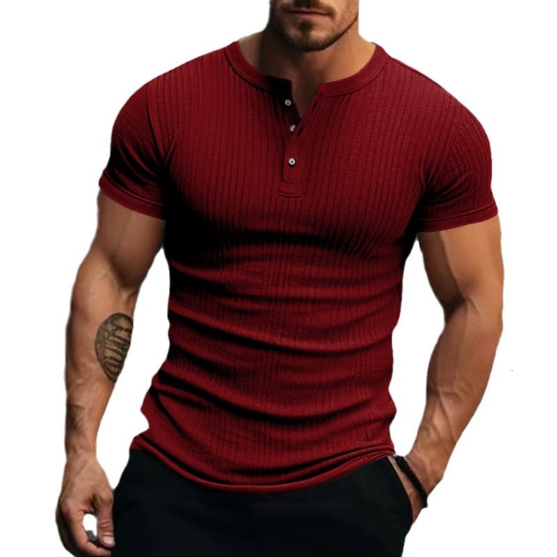 2025 casual men's with button down design, Henry collar, sports short sleeved T-shirt for men