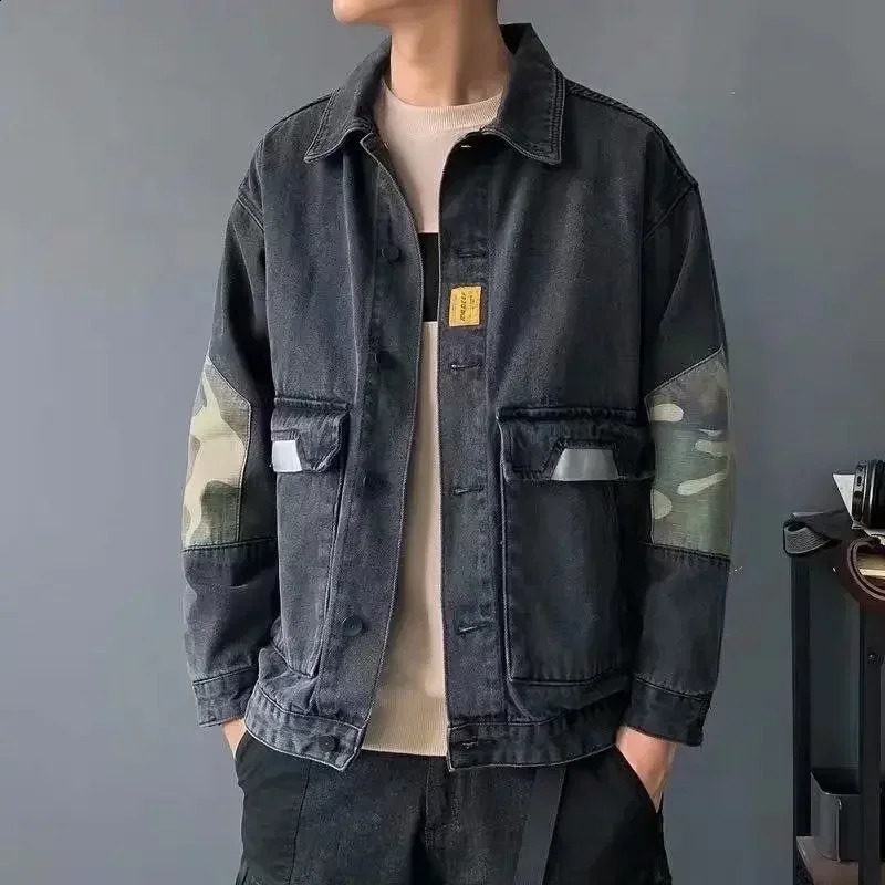 Jeans Coat for Men Cargo with Print Denim Jackets Man Beige of Fabric Winter Outerwear Price Stylish Oversize Y2k ed 250409