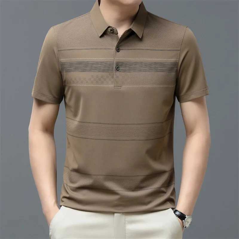 Mens short sleeved summer new striped ice silk lapel T-shirt polo commercial striped button casual top W250414